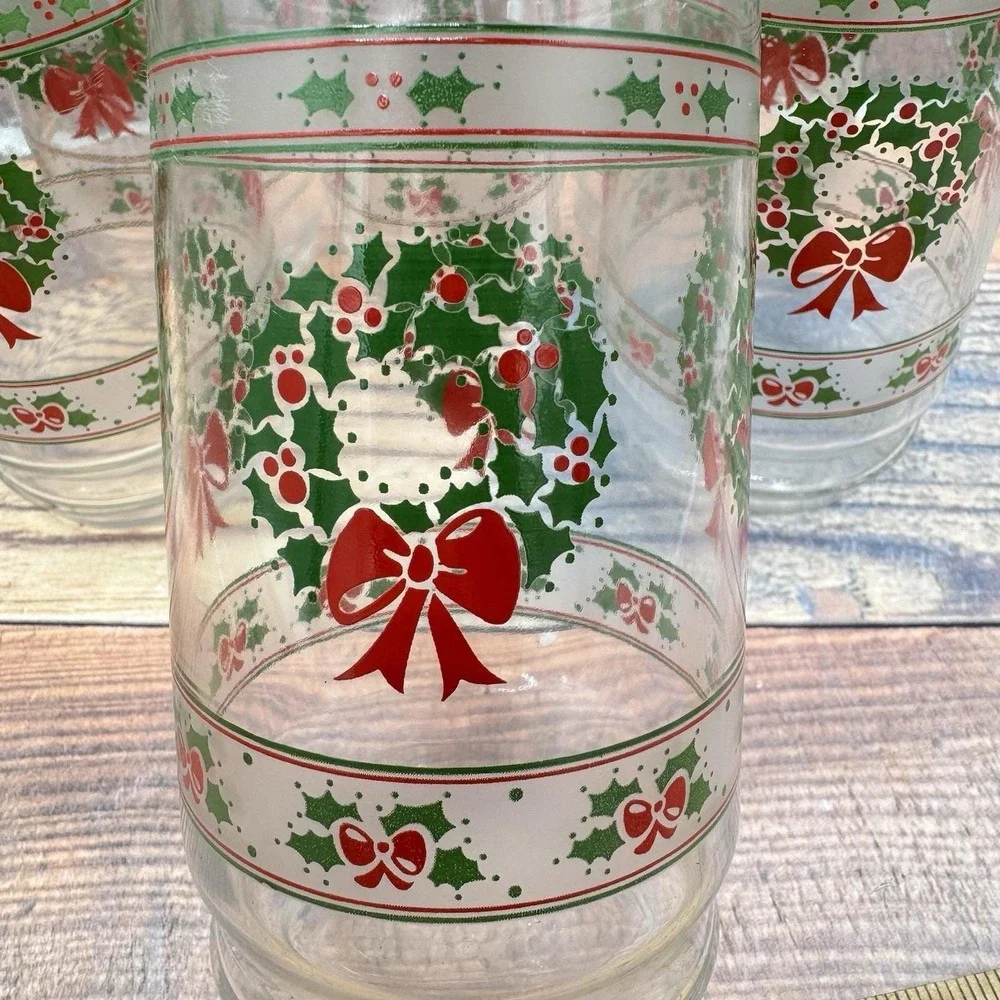 6 Indiana Glass Victorian Christmas Tumblers Glasses Holly Wreaths Set MCM Vtg